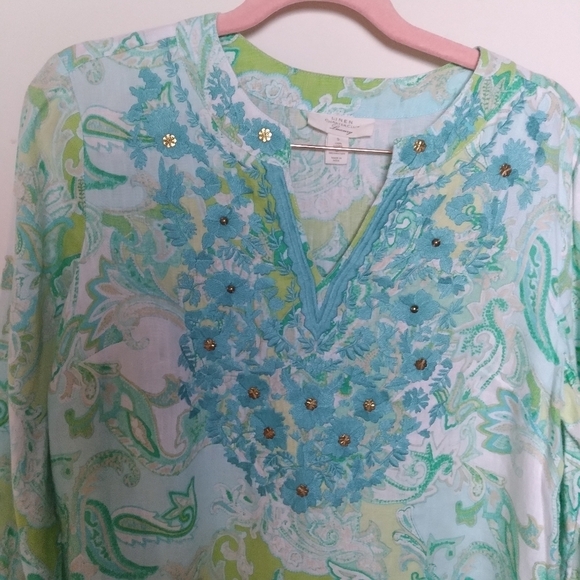 Charter Club Green Linen Quarter Sleeve Split Neck Paisley Blouse Size Small - Picture 4 of 10